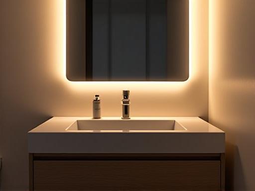 Integrated LED lighting illuminating a bathroom vanity