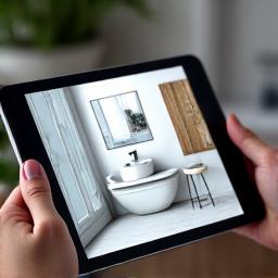3D rendering of a modern bathroom design on a tablet